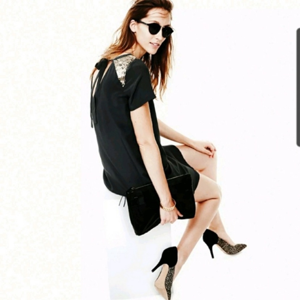 Madewell Black 100% Silk Sequin Yoke Short Sleeve Shift Mini Dress 0/XS